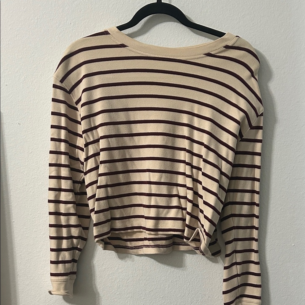 Zara Beige and Maroon Striped Long Sleeve Top